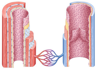 Illustration of the different layers of veins and arteries. Their structure includes endothelium, smooth muscle, and connective tissue, which are essential to the circulatory system.