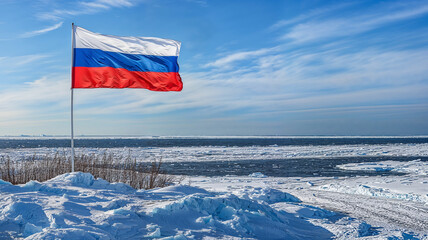 Russian Flag in the Arctic Snow. Symbol of Global Presence, Exploration, and Geopolitical Interest in Polar Regions.	