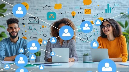 Digital Team:  A diverse group of colleagues engaged in a collaborative meeting, immersed in technology and interconnected by digital networks, reflecting modern workplace dynamics.  - Powered by Adobe