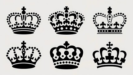 Set of Black Crowns Illustrations Featuring Intricate Details and Designs on a Clean White Background