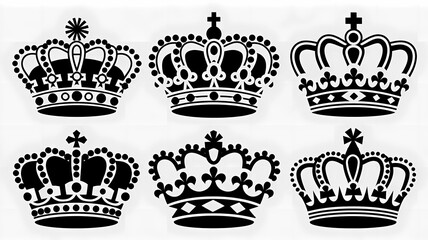 Set of Black Crowns Illustrations Featuring Intricate Details and Designs on a Clean White Background