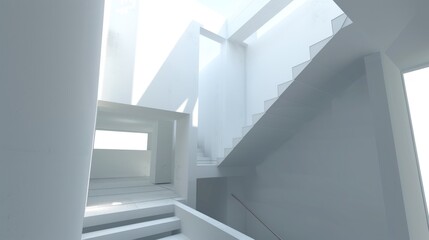 Obraz premium Luminous White Architecture: A Modern Stairwell's Serene Geometry