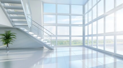 Obraz premium Modern Minimalist Interior Design: Bright and Airy Space with Large Windows and Staircase
