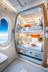 Luxury Airplane First Class Suite with Bunk Beds and Meal Service.