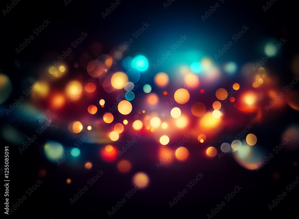 Poster colorful bokeh lights illuminate a dark backdrop, creating a festive and dreamy atmosphere with blur