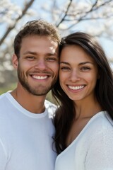 Fototapeta premium A man and woman are smiling at the camera. The man is wearing a white shirt and the woman is wearing a white blouse. They are both wearing white clothing and appear to be happy