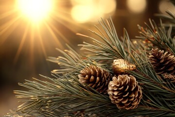 Pine branches adorned with pine cones and golden ornament under sunlight during the holiday season