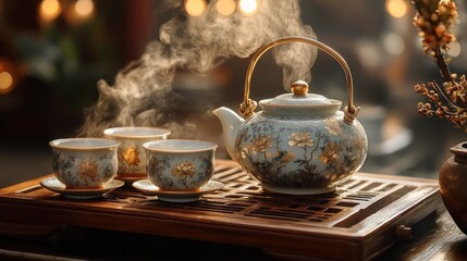 A traditional Chinese tea set, with a beautiful ornate teapot and matching cups, steaming hot tea on a wooden tray, in a warm, elegant setting.