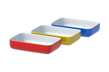 Row of baking dishes isolated on white background. 3d render