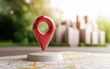 Navigating modern cityscapes location marker near urban environment map visualization daylight view
