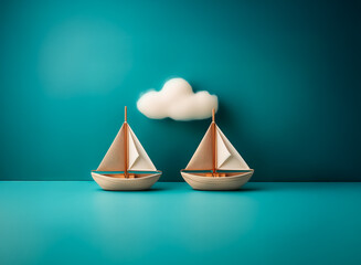 Fototapeta premium Two toy sailboats set sail on a serene blue surface, beneath a fluffy white cloud against a matching backdrop, evoking a sense of calm and simple journey.