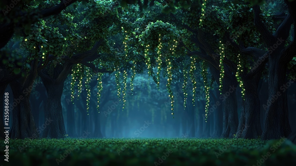 Aufkleber glow forest idea. a mysterious forest with glowing vines, creating an enchanting atmosphere.