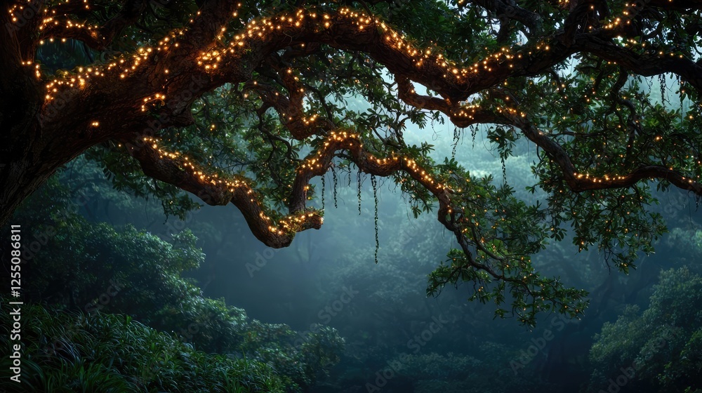 Poster glow forest idea. a tree branch adorned with twinkling lights against a misty forest backdrop.