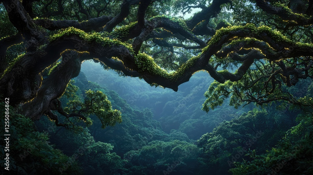 Poster glow forest idea. a lush forest scene with intricate tree branches and deep green foliage.
