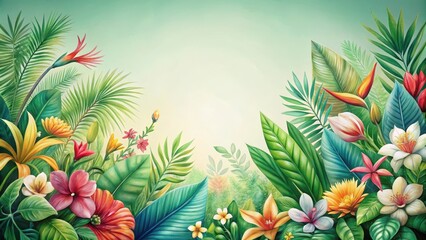 Vibrant Tropical Floral Border Featuring Lush Greenery and Exotic Blooms, Ideal for Invitations, Announcements, or Decorative Purposes