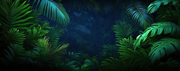 Glow forest idea. Lush green foliage in a tranquil tropical jungle setting with vibrant textures.