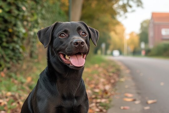 Happy black dog sits by the side of a quiet road during a sunny autumn afternoon