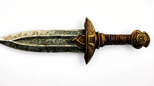 Ancient decorative sword with intricate designs and weathered metal texture displayed against a white background