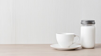 Fototapeta premium White cup and milk jar on table, textured wall background