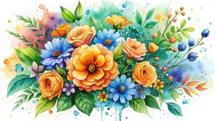 Vibrant Watercolor Bouquet of Orange and Blue Flowers with Lush Green Foliage and Artistic Water Splashes