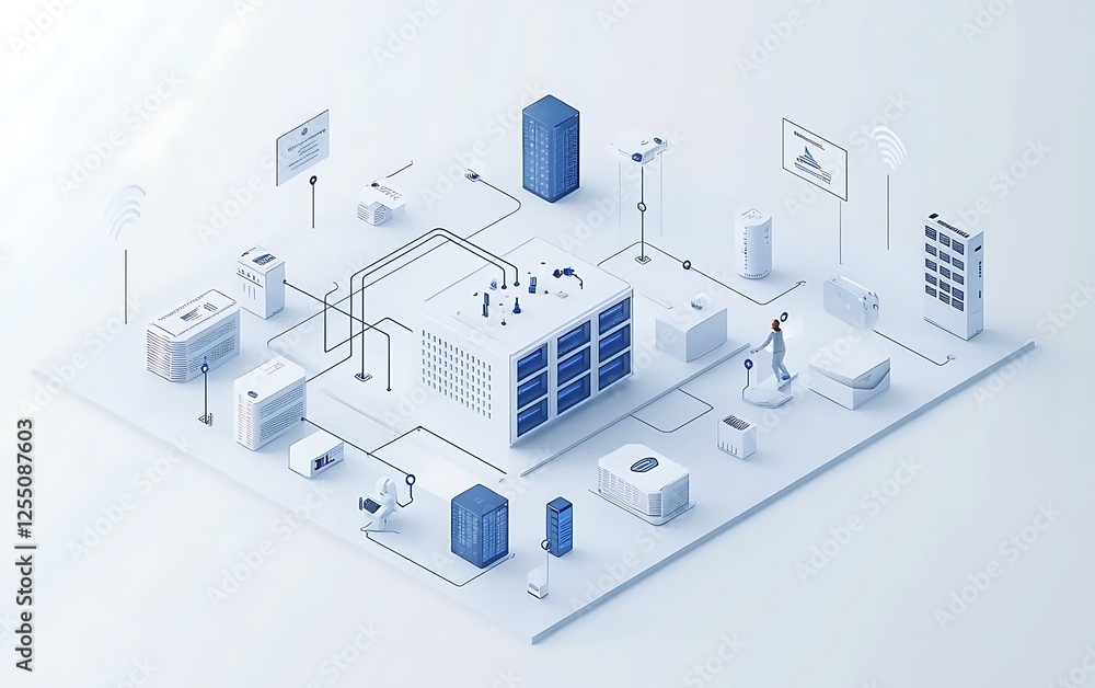 Poster Modern network system infographic; connected devices and systems in a clean office or data center; suitable for technology presentations or tutorials