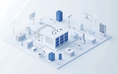 Modern network system infographic; connected devices and systems in a clean office or data center; suitable for technology presentations or tutorials