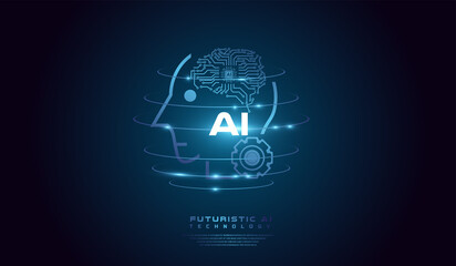 Artificial intelligence Head of digital brain system at the center represents computational power, Artificial intelligence network concept background template Vector