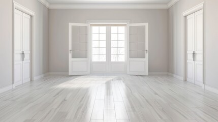 Fototapeta premium Elegant Empty Room Interior Design: Bright White Room with French Doors and Hardwood Floors