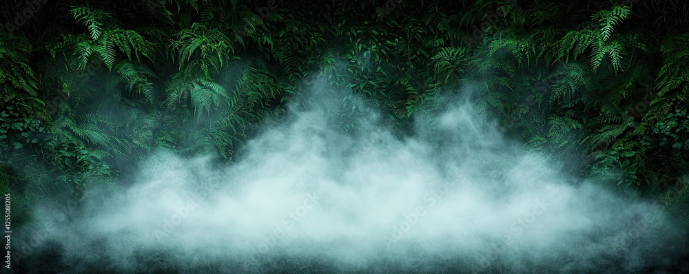 Aufkleber glow forest concept. misty fog envelops lush greenery, creating an ethereal and tranquil atmosphere.