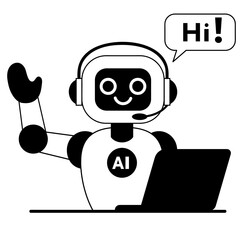 Cute chat bot robot with laptop waving HI for customer support. AI bot helper. Concept of virtual conversation assistant for getting help. Line vector illustration isoalted in white background.
