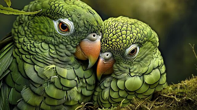 A heartwarming close-up of two green parrots cuddling, showcasing their intricate feather patterns, vibrant colors, and affectionate bond in a natural setting.