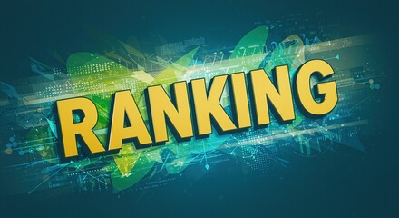 Obraz premium Bold Ranking Typography 3D Rendered Yellow Word on Dynamic Green-Blue Background with Abstract Data Elements (Business, Competition, Achievement, Success, Data Analysis)