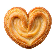 Cut out of Heart Shaped Golden Palmier Puff Pastry Cookie on white isolated transparent background.