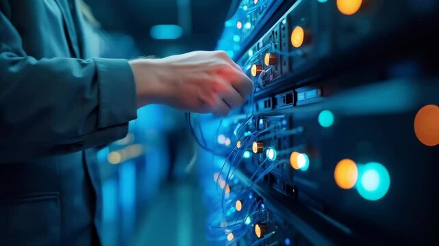 Man working in server room with digital infrastructure. Data center maintenance. Future technology, digital connection concept. Computer Security Day