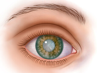Realistic illustration of the eye with a cataract, you can see a pupil circle, a progressive opacification of the lens, causing blurred vision, and decreased visual acuity.