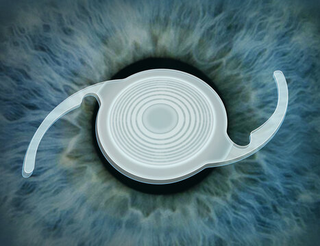 Illustration of intraocular lens (IOL) is a clear artificial lens that is implanted in the eye during cataract surgery, to replace an opaque natural lens.