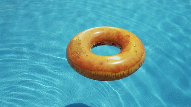 Yellow swim ring or swim tube floating over transparent water of the swimming pool.