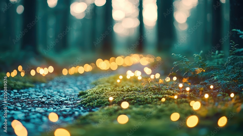 Poster glow forest concept. a tranquil forest path illuminated by glowing lights and surrounded by lush gre