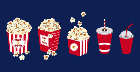 Cinema food. Set vector illustrations different popcorn boxes and cups with cold drinks. Food for film watching.