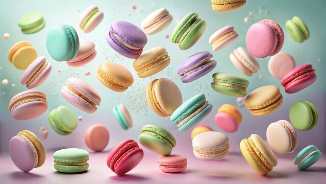 Delightful Macarons in mid-air, a cascade of pastel-colored confectionery delights floating gracefully, a whimsical culinary spectacle.