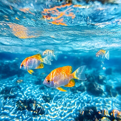 Naklejka premium Tropical Reef Fish: Vibrant orange and white fish swim gracefully in a shallow coral reef, sunlight filtering through the crystal-clear water.