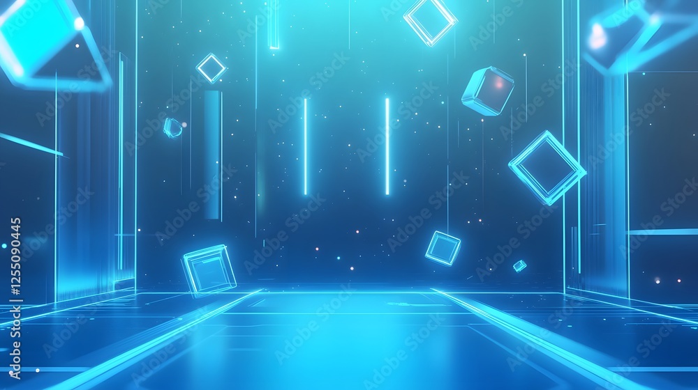 Aufkleber blue abstract space with floating cube structures and lines