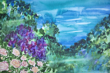 Original painting panorama blossom greenery with water surface. Morning mist smudges and wet stains watercolor effect.