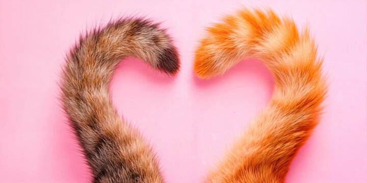 Two cat tails forming heart shape on pink background