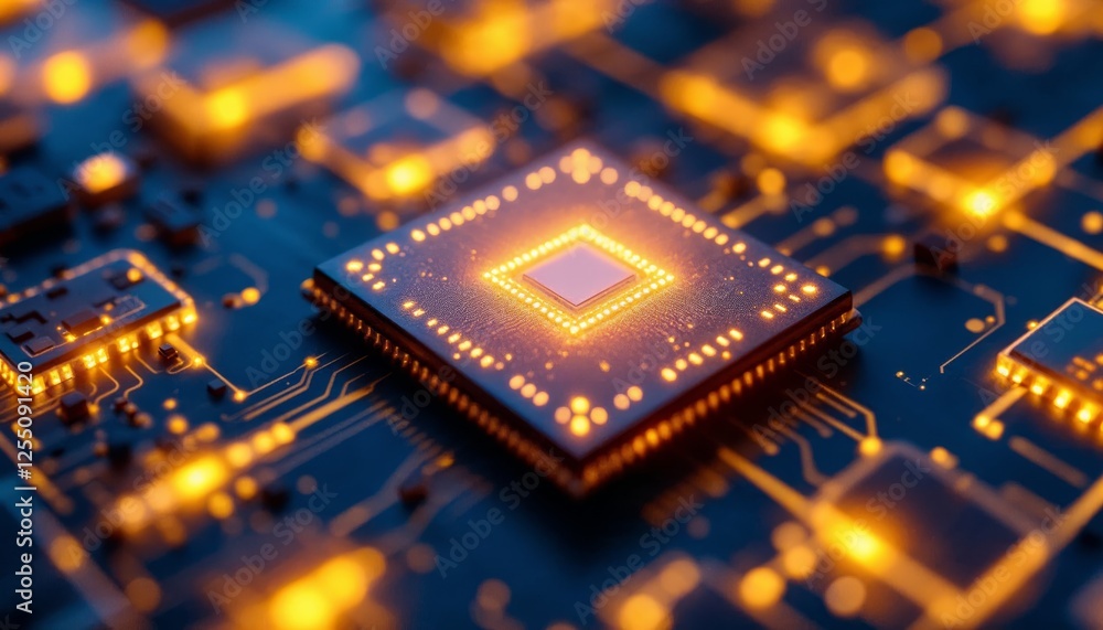 Poster illuminated microchip, a glimpse into the intricate world of technology