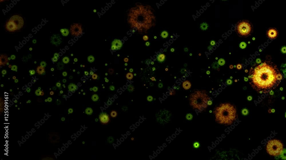 Poster abstract seamless loop falling green orange particles spark bomb animation effect on black abstract 
