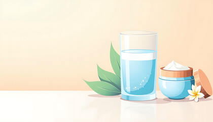 Glass of water and cream jar with green leaves on neutral background