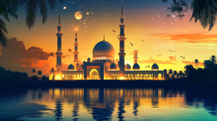 Fototapeta premium ramadan Ornate archway illuminating islamic arabic eid mubarak architectural detailing masjid banner and background