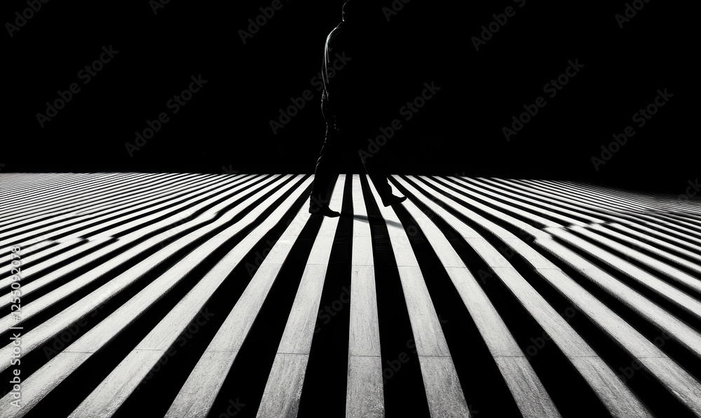 Poster exploring the intricate dance of shadows and light: a silhouette walking through geometric lines in 