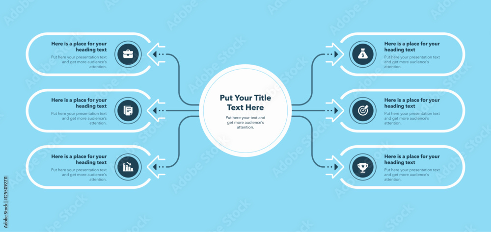 Poster Flowchart infographic with central circle and six options - blue version. SImple flat chart design with thin lines for website or data presentation.